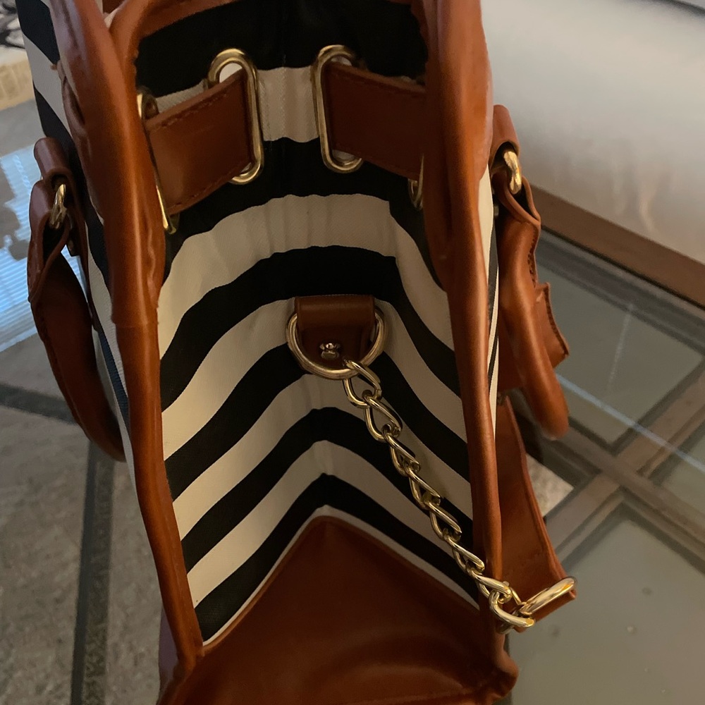 Striped Black and White Tote Bag with Brown Accents - Picture 5 of 8